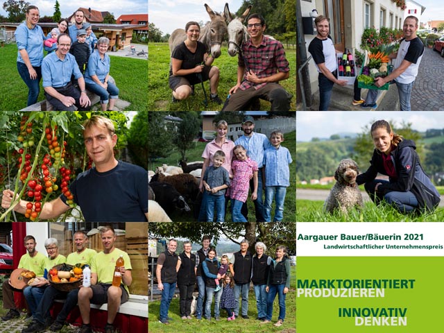 Sind im Rennen um den Titel «Aargauer Bäuerin oder Bauer des Jahres»: die acht Finalistinnen und Finalisten Foto: zVg
