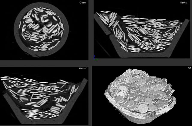 Bereits in der Computertomographie war klar zu erkennen, dass die Münzen in zwei Portionen in den Topf gelegt wurden. Die dicke schwarze Linie dazwischen erwies sich bei der Freilegung als Lederstück. Computertomographie: Eidgenössische Materialprüfungsanstalt (EMPA); Bildkomposition: Archäologie Baselland. 