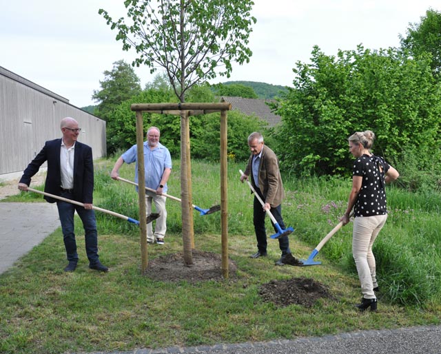 Gemeindeammann André Schreyer und Frau Vizeammann Carole Binder-Meury sowie die beiden Vertreter der Odd Fellows Amadé Franzen und Roland Weiss beim Pflanzen der Linde. Foto: zVg