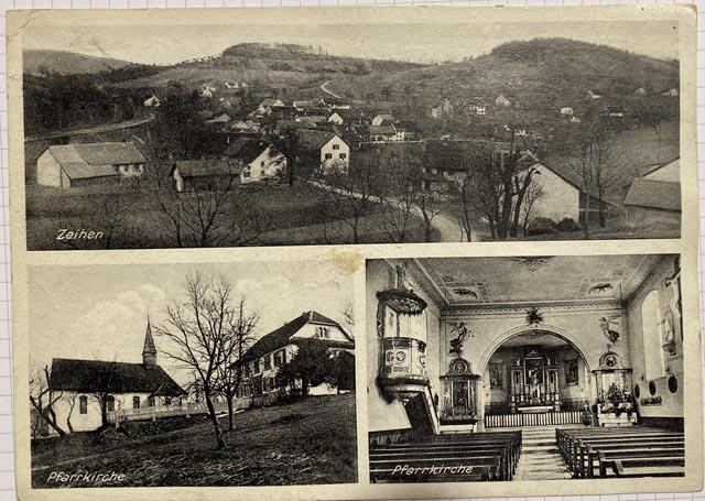 Postkarte, die am 4. März 1931 verschickt wurde, und eine alte Ansicht von Zeihen zeigt (oben) sowie die alte Pfarrkirche mit dem stattlichen Pfarrhaus (links) und die Innenansicht der Kirche. zVg aus der Sammlung von Marc Deiss