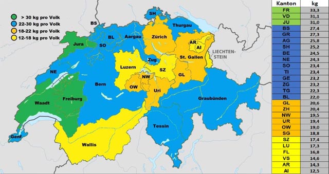 Die kantonale Verteilung der Gesamthonigmengen (Frühling und Sommer) in der Schweiz und im Fürstentum Liechtenstein. Foto: zVg