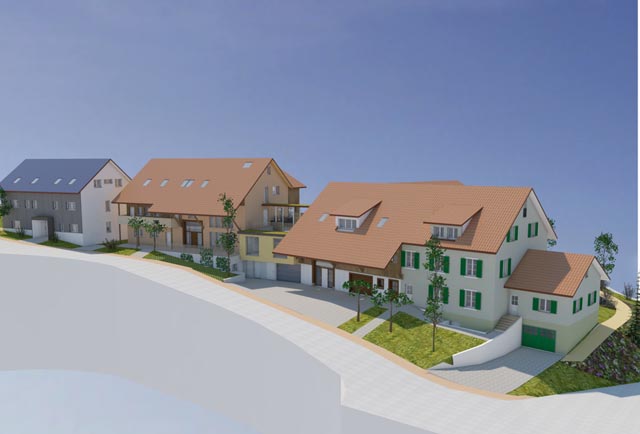 So präsentiert sich der Um- und Neubau in der Ansicht Nord-Ost von der der Moosgasse her nach der Realisierung. Visualisierung: zVg