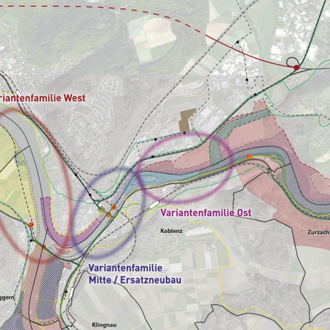 Ersatz Rheinquerung im Raum Waldshut-Koblenz: Die untersuchten Variantenfamilien. Grafik: Kanton Aargau  