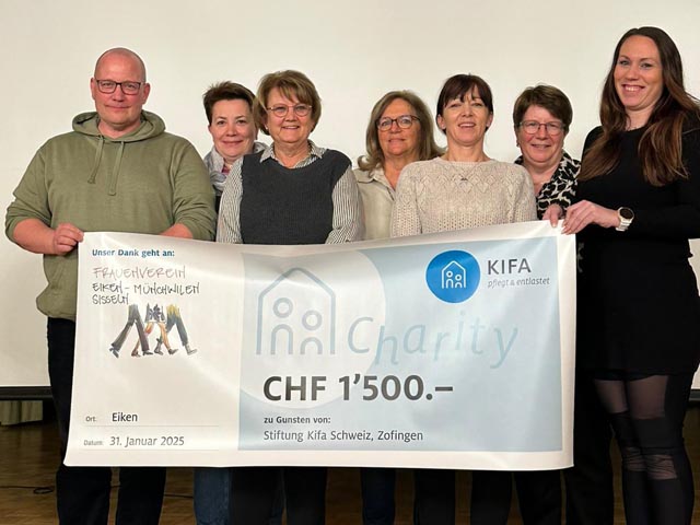 Von links: Christian Kettler (stellvertretende Geschäftsführung Kifa), Monika Siegrist, Pia Meier, Patricia Haller, Brigitte Plangger, Karin Tucci und Cindy Jegge (Vorstand Frauenverein Eiken-Sisseln-Münchwilen). Foto: zVg