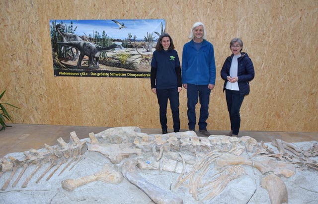 Museumsleiterin Dr. Andrea Oettl, Präparator Dr. Ben Pabst und Gemeinderätin Susanne Gmünder Bamert freuen sich, dass der Fricker Plateosaurus XL endlich genügend Platz hat, um den Besuchern in Frick gezeigt zur werden. Foto: Jörg Wägli