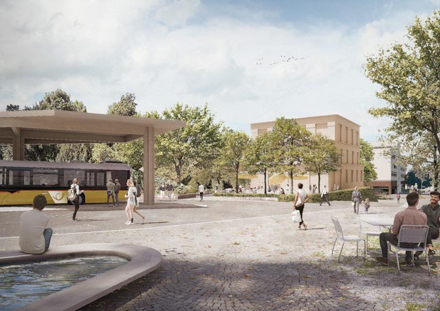 Die Neue Mitte rund um den Bahnhof wird ein lebendiger und multifunktionaler Ankunftsort für Rheinfelden. Visualisierung: zVg