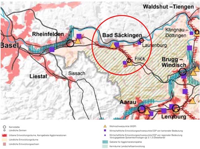 Ausschnitt Raumkonzept Aargau (Richtplan Kanton Aargau, Kapitel R 1) und grober Perimeter GVK in rot. Foto: zVg