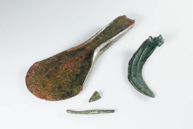 Zusammenstellung aller bislang bekannten Bronzeobjekte vom Schlossfelsen: Randleistenbeil, Knopfsichel, Nadel und Fragment einer Pfeilspitze. Foto: Archäologie Baselland.