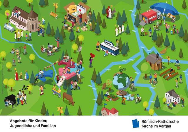 Die Römisch-Katholische Kirche im Aargau begleitet Familien durch alle Lebensphasen mit einem neu gebündelten, vielfältigen Angebot an Aktivitäten, Seelsorge und Gemeinschaftserlebnissen – von der Taufe über den Religionsunterricht bis hin zu generationenübergreifenden Angeboten. Flyer: Kathaargau