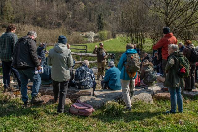 Gebannt lauschen die Exkursionsteilnehmer:innen Albi Wuhrmanns Ausführungen wie sich der Natur- und Vogelschutzvereins Rheinfelden zum Schutz des Gebiets «Ängi» engagiert. Foto: zVg
