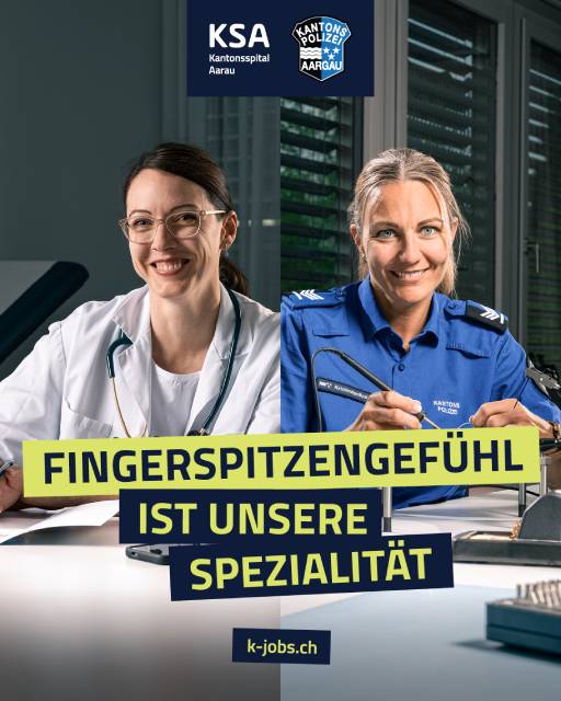Das Kantonsspital Aarau (KSA) und die Kantonspolizei Aargau lancieren eine gemeinsame Kampagne für Berufe mit Sinn.