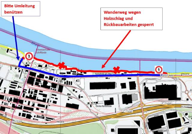 Karte: Umleitung des Rheinwanderwegs beim Areal Rheinlehne, zVg