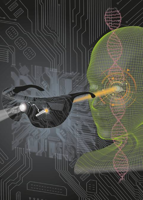 Die Brille erfasst Veränderungen in der Umgebung und wandelt sie in Pulse aus orangerotem Licht um.